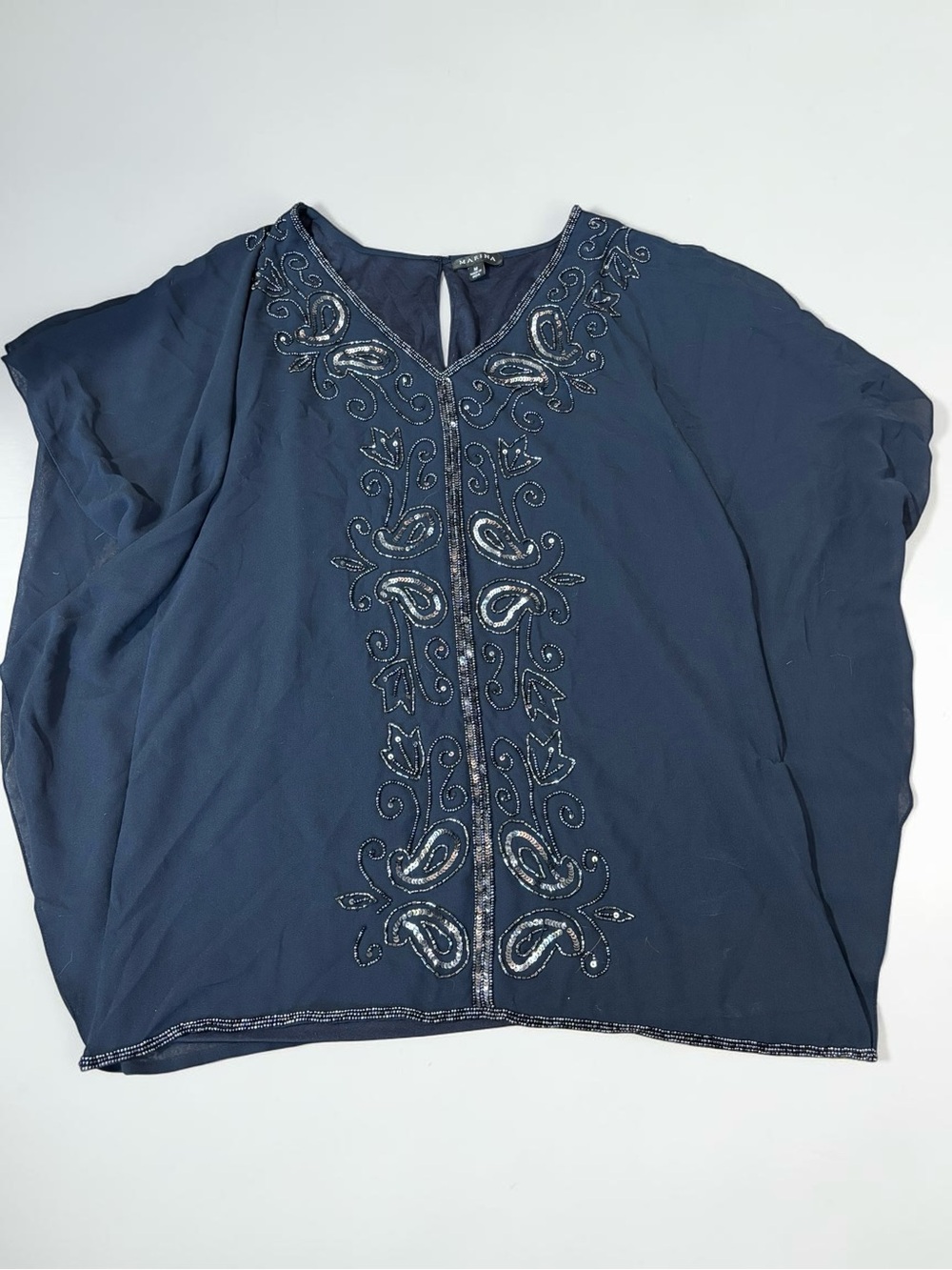 Marina Navy Sheer Beaded Sequin Tunic Top Bedazzled Y2K Glam M - Picture 8 of 12